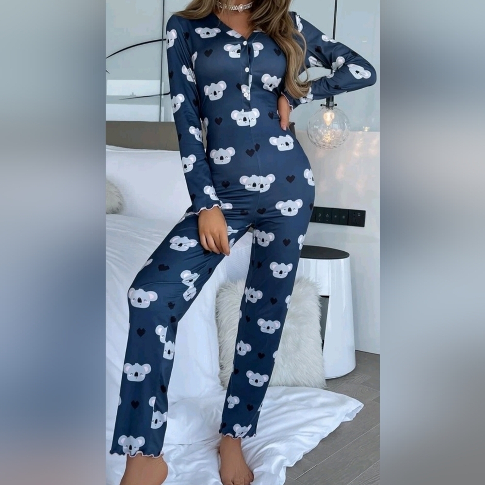 Koala & Heart Print Half Button Lettuce Trim Sleep Jumpsuit PJs Size small NWOT - Picture 3 of 6